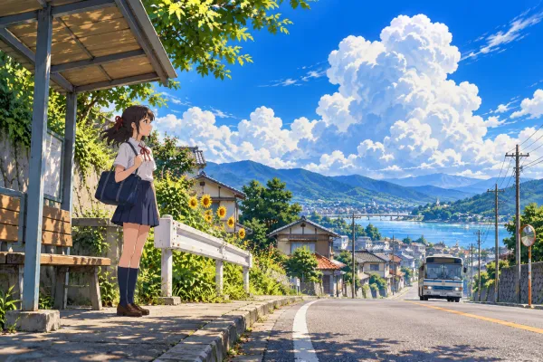 清晰轮廓线、分层平涂阴影的角色，配细致的手绘背景